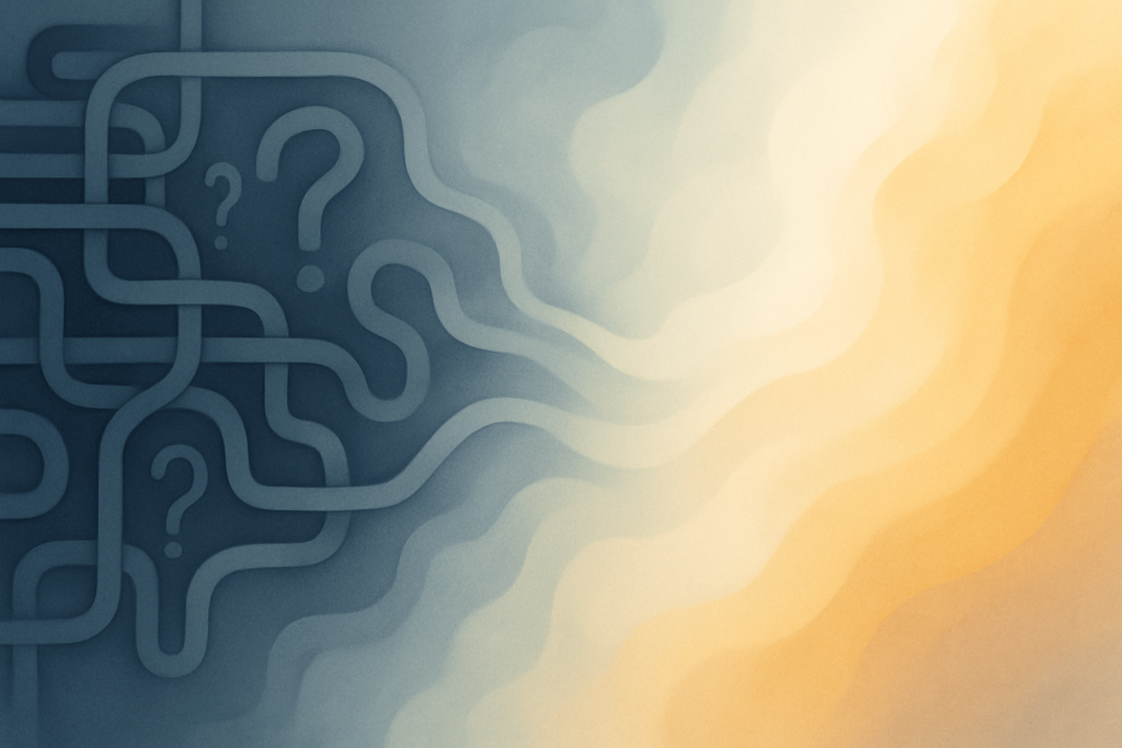 An abstract illustration that represents challenging myths and discovering truth. The composition features a stylized maze or tangled path dissolving into clear, open space. Soft gradient colors flow from muted gray and blue tones (symbolizing confusion and misconceptions) into warmer golden and white light (representing clarity and understanding). Subtle shapes—like question marks and exclamation points—can be integrated into the abstract forms without being literal, to suggest inquiry and revelation. No text or obvious icons, just an evocative, modern feel.