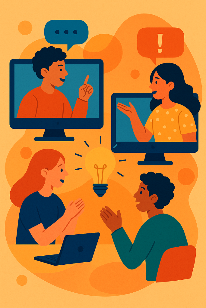 Abstract illustration of students debating online, symbolizing learning, creativity, and social connection in homeschooling.