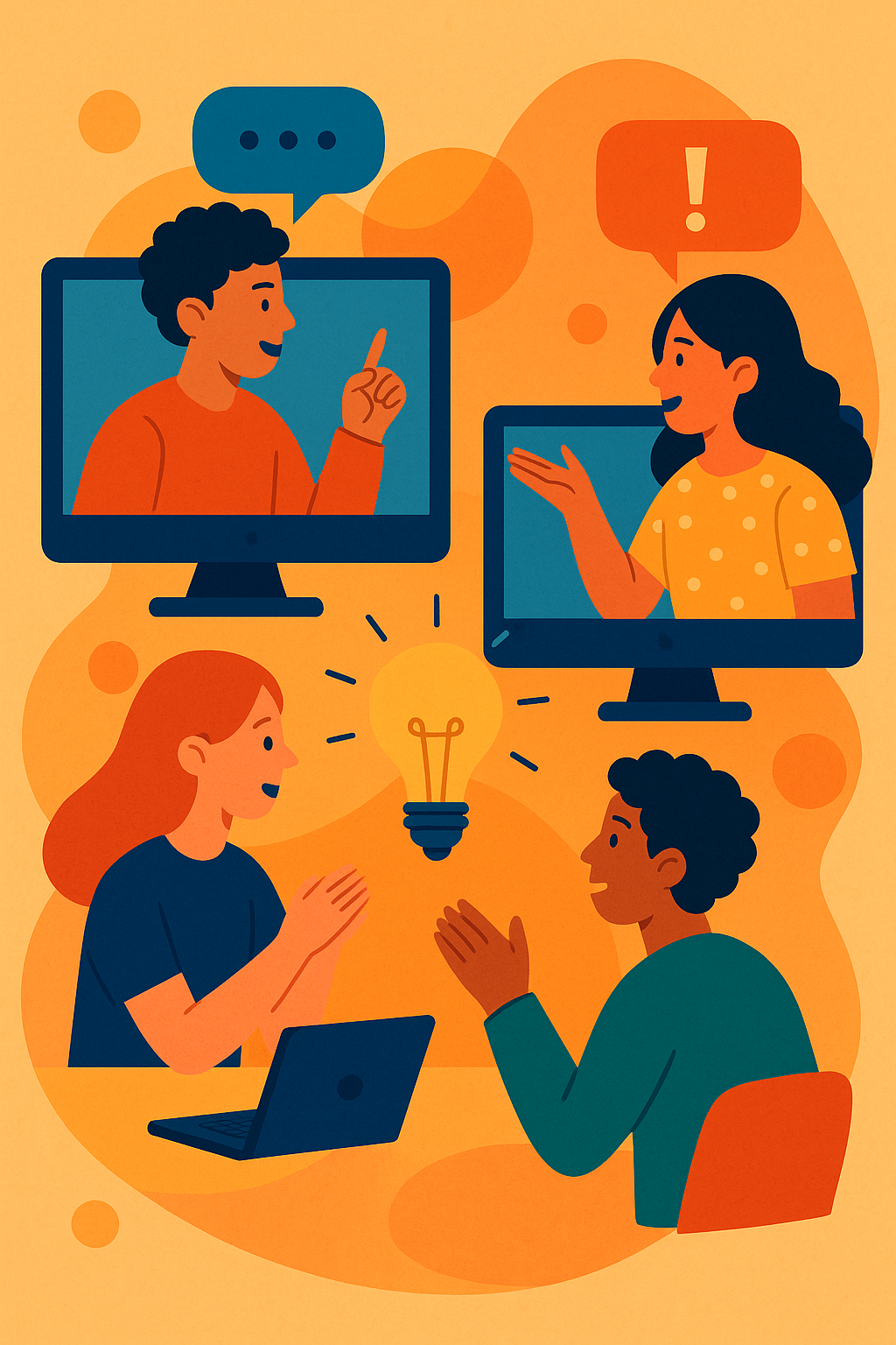 Abstract illustration of students debating online, symbolizing learning, creativity, and social connection in homeschooling.